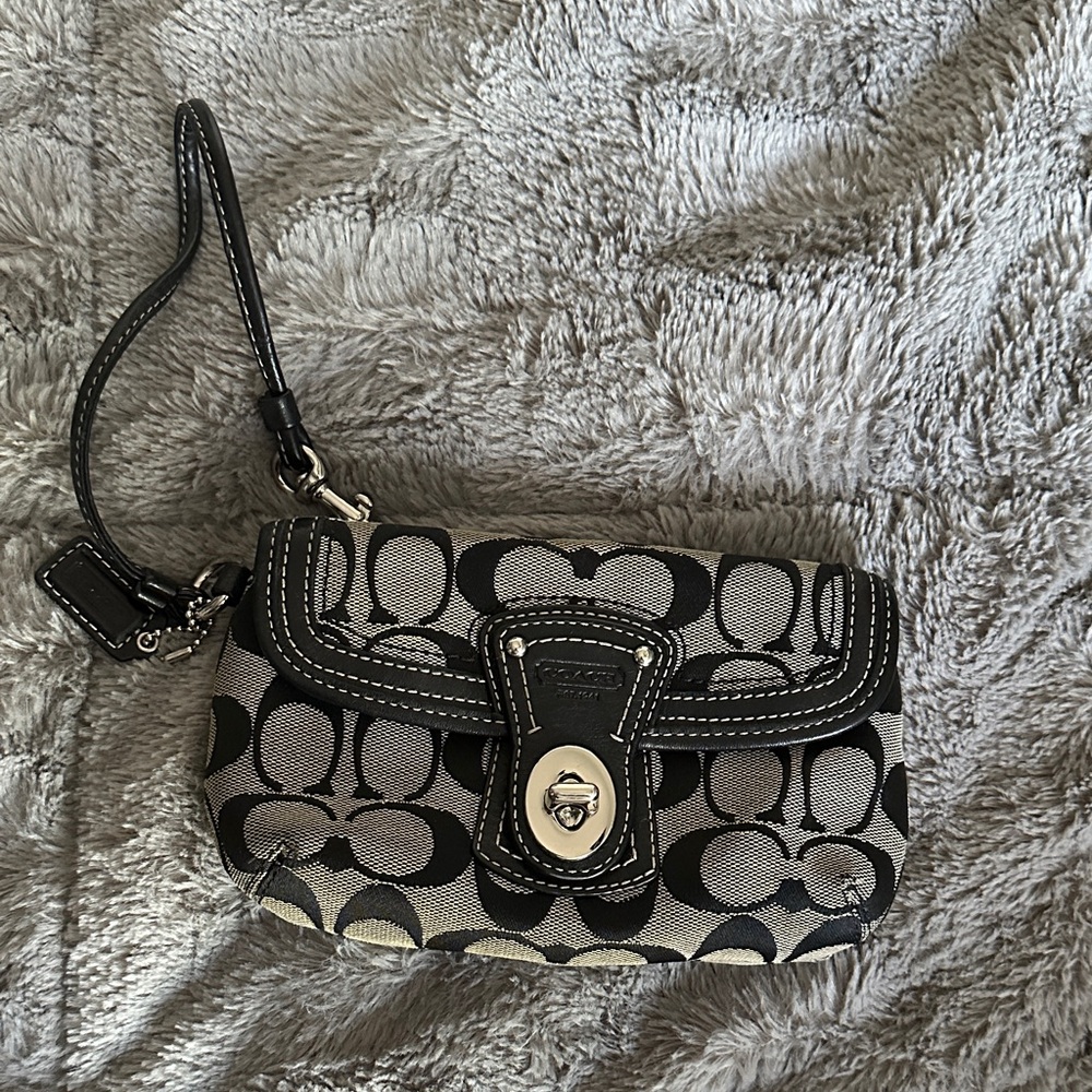 Coach Black Signature Canvas Wristlet with Silver Turn-Lock